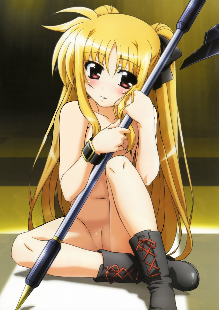 absurdres bardiche blonde_hair boots brown_eyes fate_testarossa female highres innie_pussy looking_at_viewer lyrical_nanoha mahou_shoujo_lyrical_nanoha nude nude_filter photoshop pussy sitting solo uncensored undressing weapon