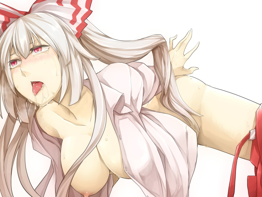 blush breasts female fujiwara_no_mokou hair_ornament hair_ribbon highres large_breasts long_hair matsura_(nagatosan) nakamura_regura nipples no_bra no_panties open_clothes open_mouth open_shirt pants_around_one_leg red_eyes regura ribbon saliva simple_background solo sweat tears tongue tongue_out touhou white_hair