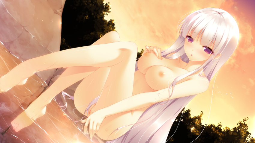 1girls :o barefoot blush breasts crossed_legs dutch_angle feet feet_in_water female highres katanagatari legs_crossed long_hair long_legs mogu nipples nude partially_submerged purple_eyes pussy shiny shiny_skin shokuyou_mogura silver_hair sitting soaking_feet solo togame uncensored water