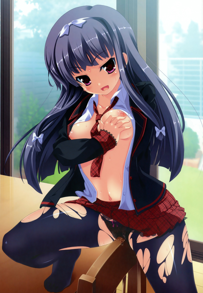 1girls absurdres between_breasts black_legwear black_panties blue_hair bow bow_panties breasts cameltoe chair cleavage crotch_rub female highres imouto_paradise! itou_life lace_panties leg_lift long_hair masturbation nanase_michika navel necktie necktie_between_breasts nipples no_bra open_clothes panties panties_under_pantyhose pantyhose plaid plaid_skirt pleated_skirt purple_eyes pussy_juice pussy_juice_stain school_uniform self_fondle skirt skirt_lift solo sweat torn_clothes torn_pantyhose underwear wet_panties wet_pantyhose