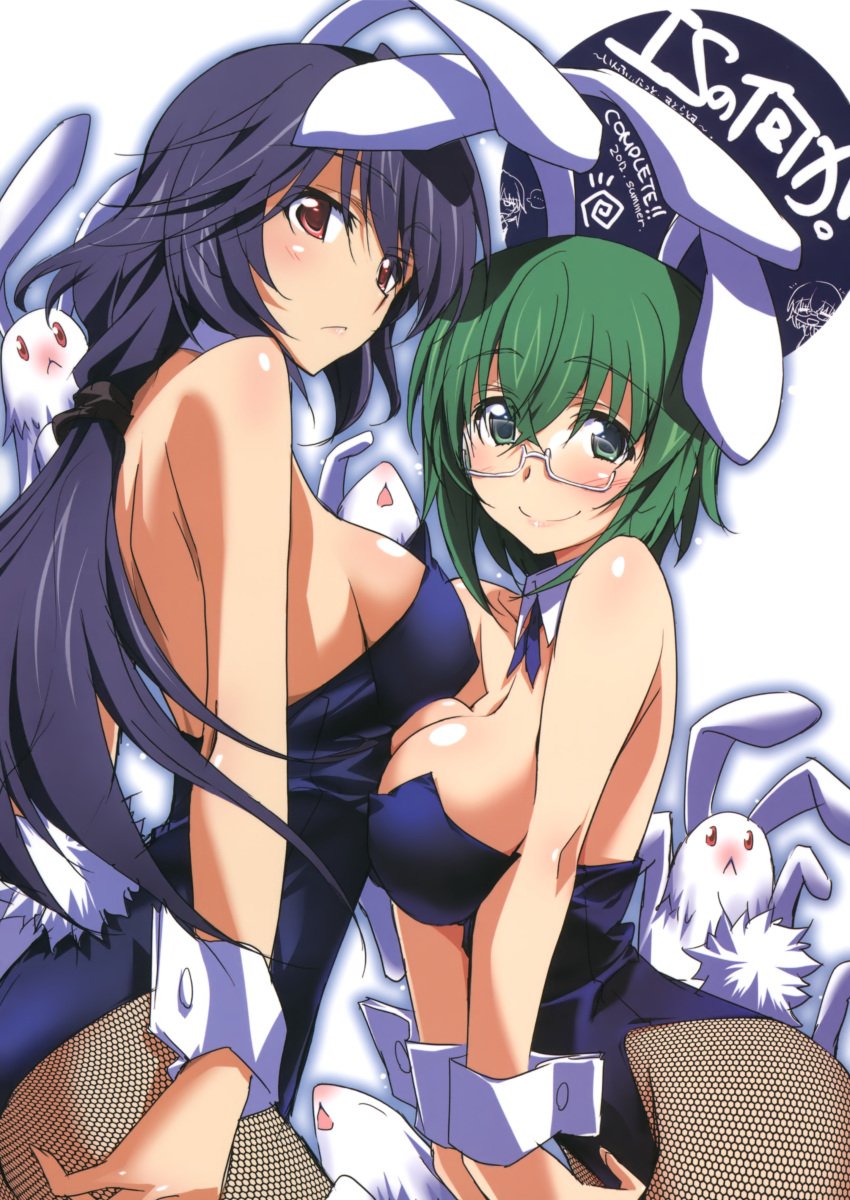 2girls :< absurdres animal_ears arm arms asymmetrical_docking back black_hair blue_eyes blue_hair blush bowtie breast_press breasts bunny bunny_costume bunny_ears bunny_girl bunny_tail bunnysuit cleavage closed_eyes detached_collar fake_animal_ears female fishnet_pantyhose fishnets glasses green_eyes green_hair highres infinite_stratos kurashima_tomoyasu large_breasts leotard long_hair looking_at_viewer multiple_girls official_art open_mouth orimura_chifuyu pantyhose ponytail rabbit red_eyes serious short_hair sideboob smile strapless_leotard teacher tied_hair very_long_hair wrist_cuffs yamada_maya_(infinite_stratos) yuri