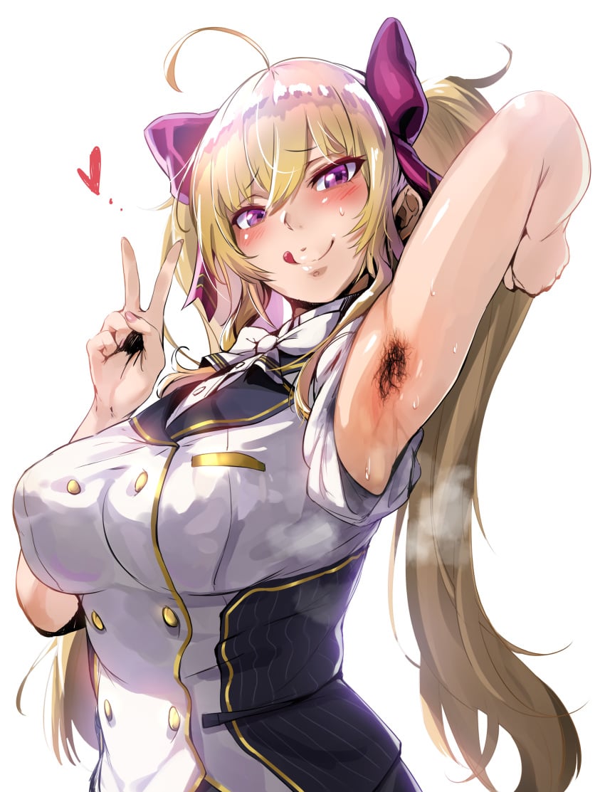 1girls :p absurdres ahoge arm_behind_head armor armpit_hair armpits bangs blonde_hair blush bowtie breasts clothed double-breasted eyebrows_visible_through_hair female hair_between_eyes hair_ornament hair_ribbon heart hero_neisan high_resolution highres large_breasts long_hair looking_at_viewer nijisanji purple_eyes red_ribbon ribbon simple_background sleeves_rolled_up solo steam steaming_body sweat sweatdrop takamiya_rion tied_hair tongue tongue_out twintails upper_body v virtual_youtuber white_background white_neckwear