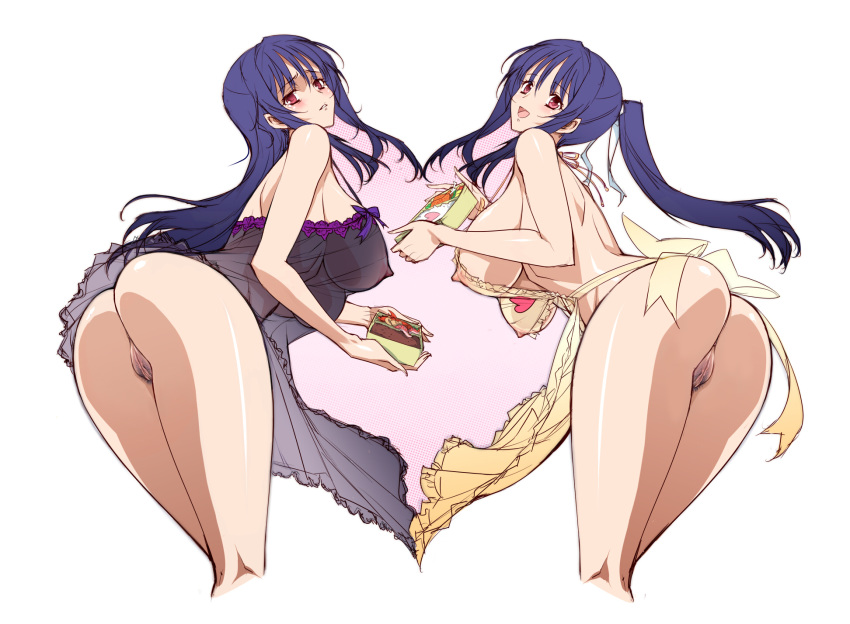 alternate_hairstyle apron apron_only ass bare_shoulders bent_over blue_hair blush breasts camisole dual_persona food from_behind functionally_nude hair_ribbon highres large_breasts leaning leaning_forward lingerie long_hair looking_at_viewer looking_back multiple_girls naked_apron negligee nipples obentou ookura_miyako open_mouth original ponytail pubic_hair purple_hair pussy q_azieru red_eyes ribbon see-through sideboob simple_background smile standing tied_hair tokimeki_memorial tokimeki_memorial_4 uncensored underwear white_background