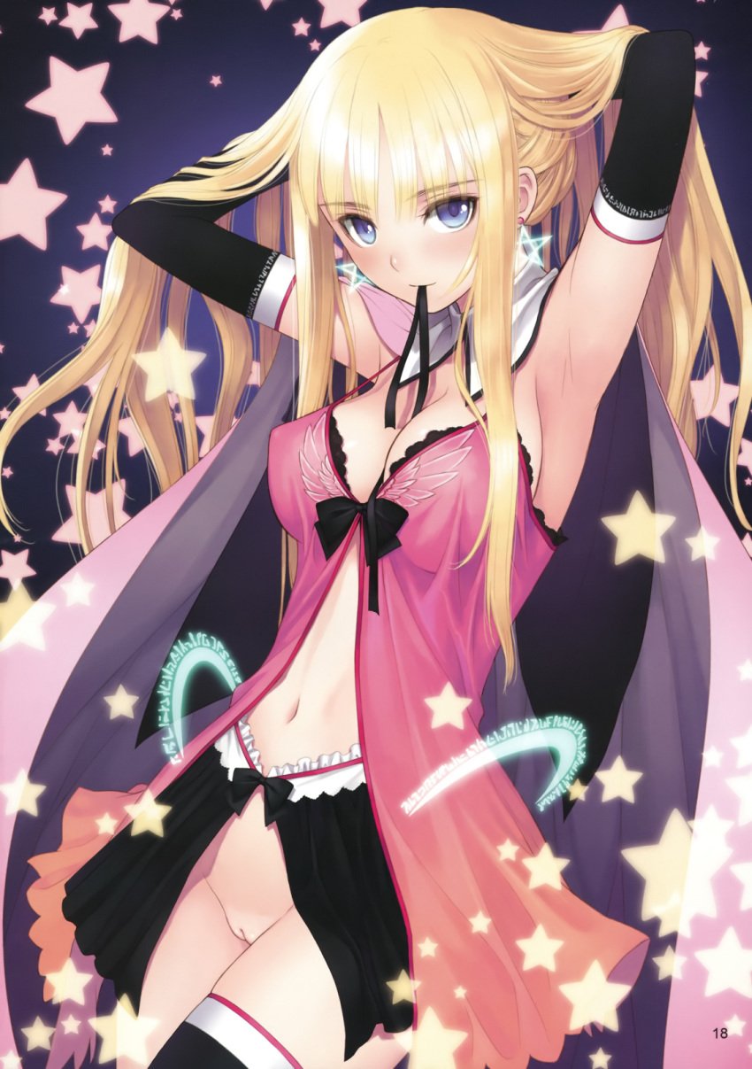 adjusting_hair armpits arms_up black_legwear blonde_hair blue_eyes blush breasts camisole cleavage earrings elbow_gloves female gloves highres jewelry lingerie long_hair looking_at_viewer mound_of_venus mouth_hold navel negligee original pussy scan solo star taka_tony thighhighs uncensored underwear