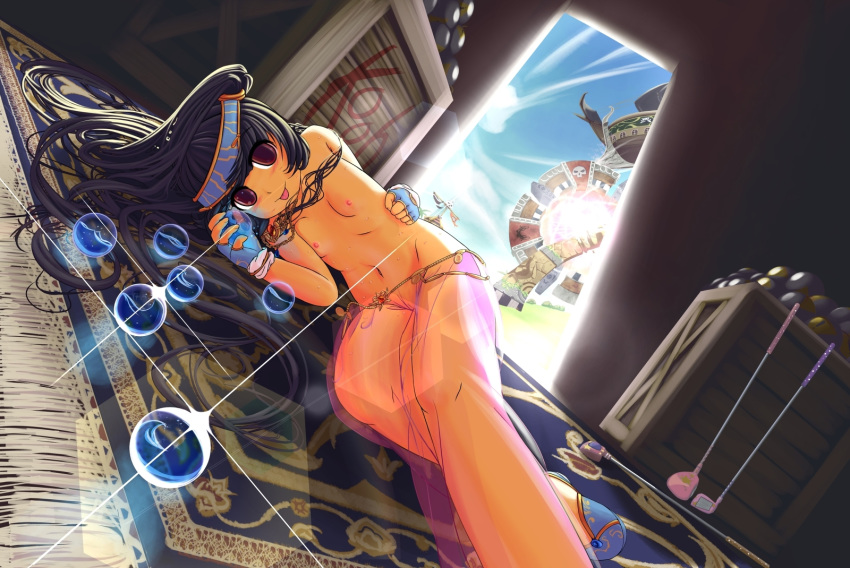 :p arabian_clothes black_hair dutch_angle female female_only fingerless_gloves flat_chest gloves harem_outfit harem_pants highres jewelry kooh long_hair looking_at_viewer lying midriff navel necklace nipples pangya pussy red_eyes see-through smile solo striped the-ta tongue uncensored underwear