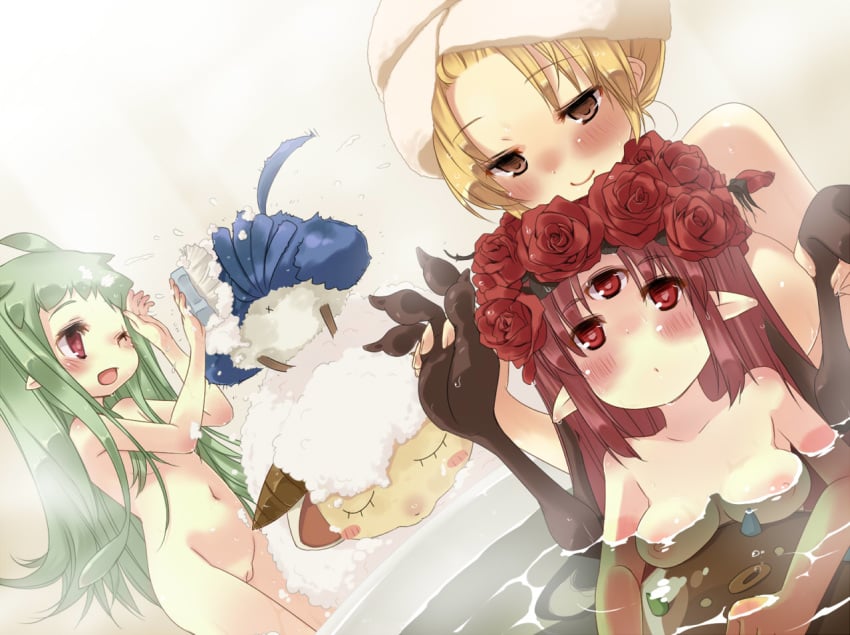 3_eyes amistr amistr_(ragnarok_online) bathing blonde_hair blush breasts brown_eyes dual_persona filir filir_(ragnarok_online) flower green_hair head_wreath lif lif_(ragnarok_online) long_hair multi_eye multiple_girls navel nude one_eye_closed open_mouth pointy_ears pussy ragnarok_online red_eyes red_hair red_rose rose smile towel towel_on_head uncensored vanilmirth vanilmirth_(ragnarok_online) wagiwogi wink