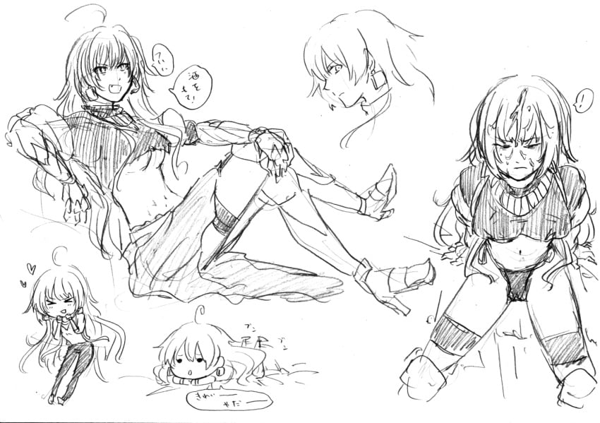 ahoge armor breasts chibi chibi_inset crossed_legs cum earrings facial fate/stay_night fate/zero fate_(series) faulds female gauntlets gilgamesh gilgamesh-ko gilgamesh_(fate) greaves heart highres jewelry legs_crossed line_art long_hair midriff monochrome navel necklace rough_sketch rule_63 sitting sketch takuya_(shikiiki-me) underboob