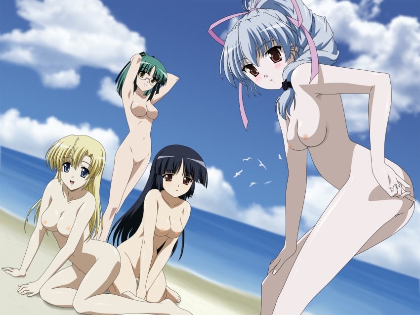 4girls barefoot beach black_hair blonde_hair blue_eyes blush breasts brown_eyes canvas_(series) canvas_2 cloud clouds fujinami_tomoko glasses green_hair highres housen_elis kneeling long_hair looking_at_viewer misaki_sumire multiple_girls nipples nude nude_filter open_mouth outdoors photoshop pussy short_hair silver_hair sky standing takeuchi_mami uncensored water