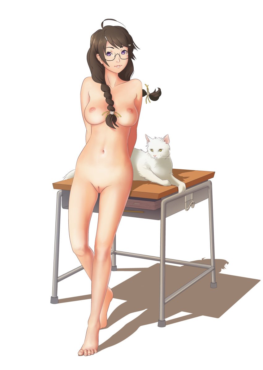 absurdres ahoge arms_behind_back bakemonogatari barefoot braid breasts brown_hair feet feline female full_body glasses hanekawa_tsubasa highres hy136 lips long_hair monogatari_(series) navel nekomonogatari nipples nude on_desk purple_eyes pussy school_desk shadow sitting sitting_on_desk solo standing toes twin_braids uncensored