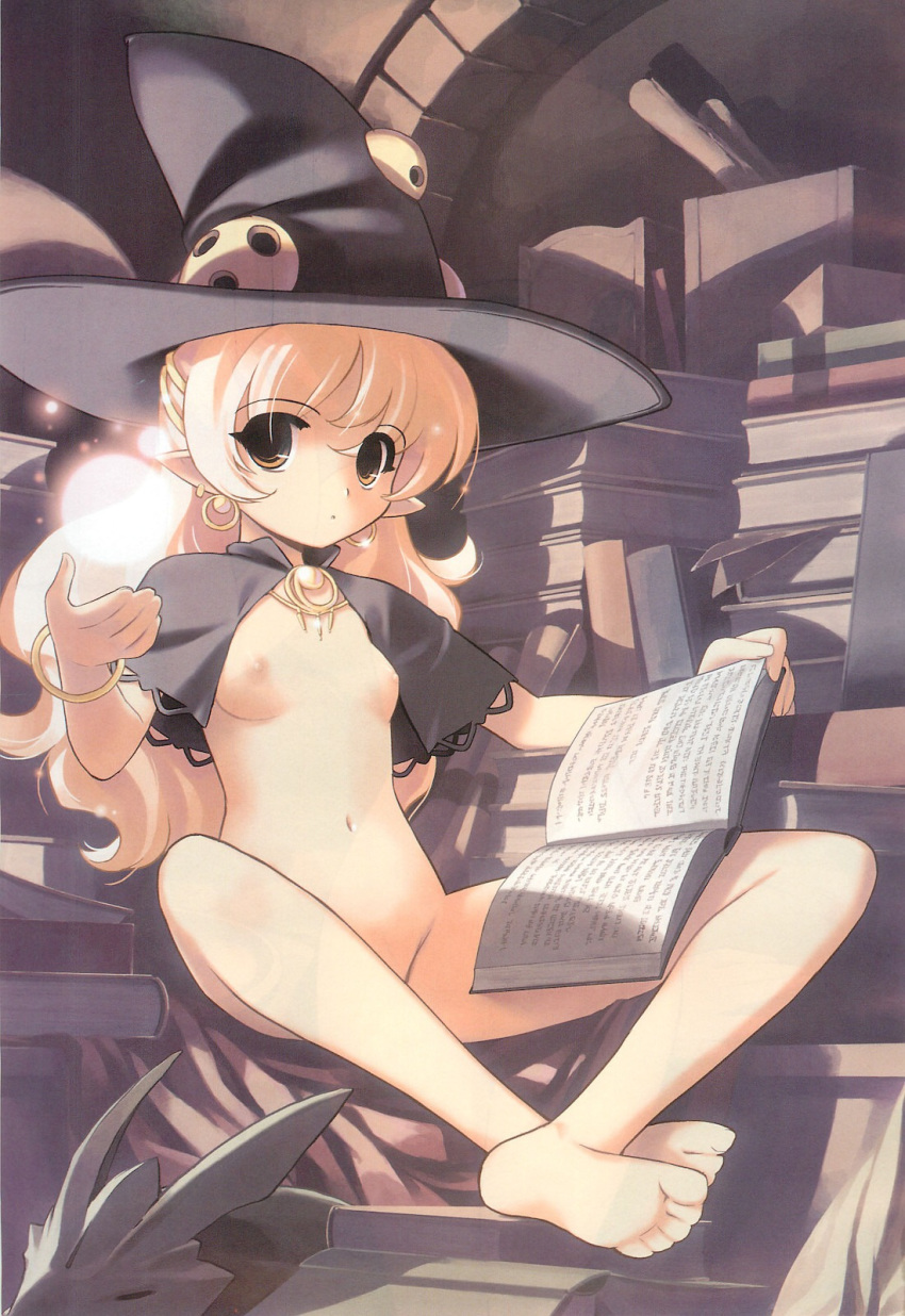 1girls barefoot blonde_hair book breasts capelet copyright_request earrings feet female flat_chest hat highres jewelry jiji_(aardvark) long_hair magic navel nipples nude pointy_ears small_breasts soles solo toes witch witch_hat yellow_eyes