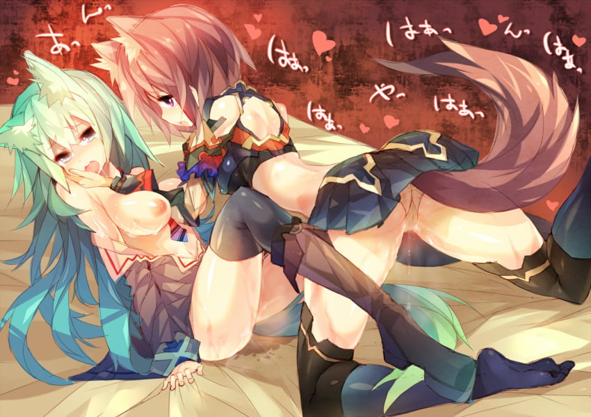 animal_ears aqua_hair black_legwear blue_hair boots breasts female hand_on_another's_face heart long_hair mamuru multicolored_hair multiple_girls nipples original original_characters panties pleated_skirt profile purple_eyes pussy_juice pussy_juice_stain red_hair saliva short_hair sitting skirt tail thighhighs underwear undressing wet_panties wolf_ears wolfgirl yuri