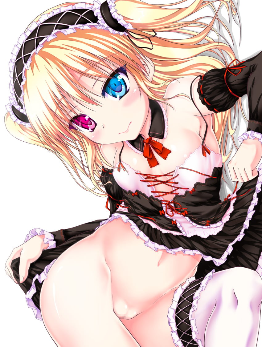 akizuki_akina areolae blonde_hair blue_eyes blush boku_wa_tomodachi_ga_sukunai censored detached_sleeves dress gothic_lolita hair_ornament hairband hasegawa_kobato heterochromia highres lolita_fashion lolita_hairband lolita_headband long_hair no_panties pussy red_eyes solo tied_hair twintails two_side_up