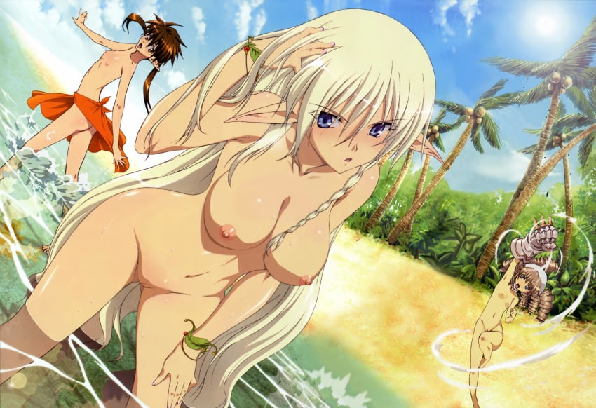 3girls absurdres alleyne arm_up barefoot beach blue_eyes blush bracelet braid breasts brown_eyes brown_hair cloud coconut collarbone drill_hair dutch_angle dwarf elf female flat_chest gloves hand_on_thigh highres innie_pussy jewelry leaf legs long_hair looking_at_viewer megami miyazawa_tsutomu mound_of_venus multiple_girls navel nipples nowa nude nude_filter open_mouth outdoors palm_tree photoshop pointy_ears pussy queen's_blade sarong silver_hair single_braid single_glove sky spiked_gloves sun topless tree uncensored very_long_hair wading water wet ymir