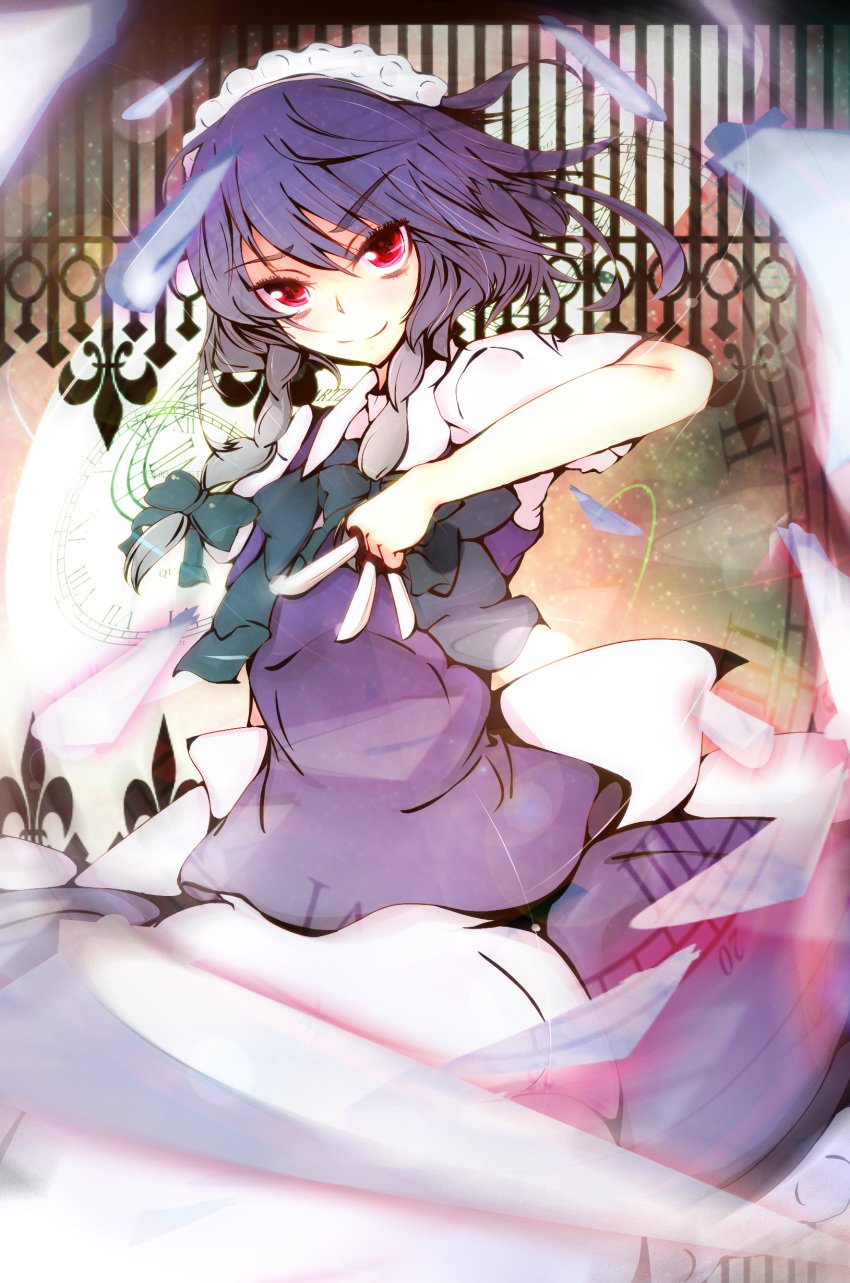 absurdres between_fingers braid female highres knife lavender_hair maid maid_headdress nmaaaaa red_eyes sakuya_izayoi solo the_embodiment_of_scarlet_devil throwing_knife touhou weapon