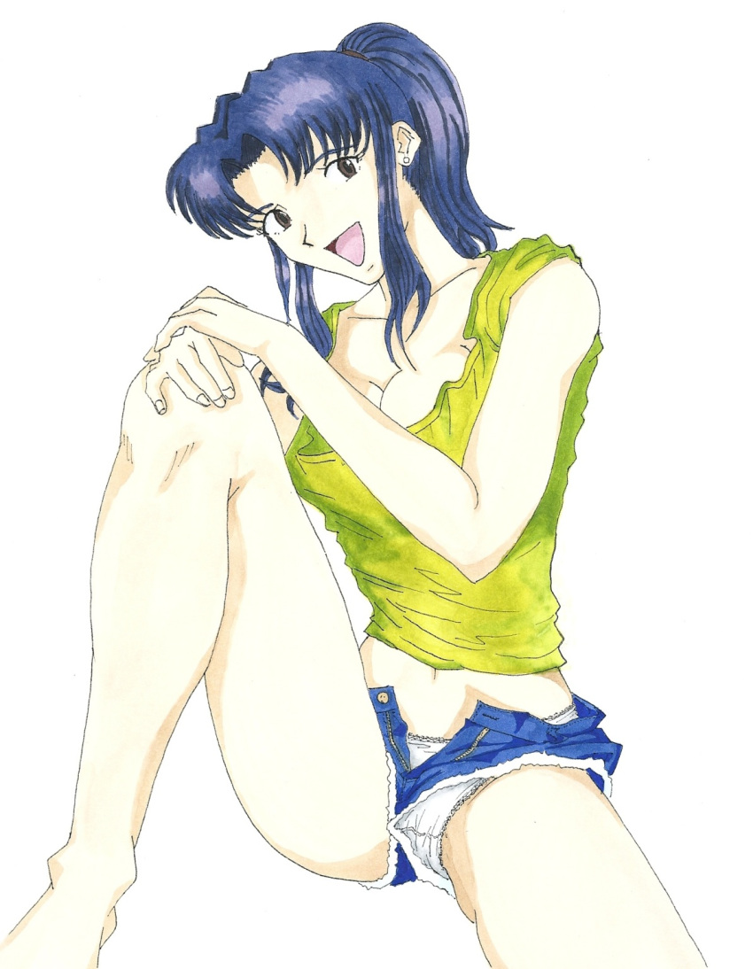 1girls brown_eyes clothing cutoffs female female_only highres lostunicorn misato_katsuragi neon_genesis_evangelion panties purple_hair shorts sleeveless smile solo unzipped