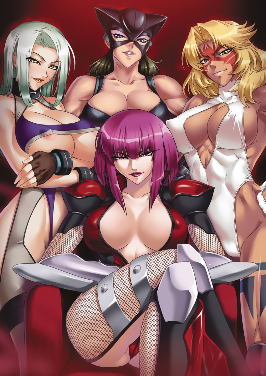 2d areola armor artbook blue_eyes breasts brown_hair cleavage duplicate erect_nipples everyone eyeshadow facepaint fishnets fukumen_sugata_no_onna_senshi green_hair grin highres huge_breasts kagami kaliya_(taimanin) kariya leotard lips makeup multiple_girls muscle nipples no_bra nopan nuye oboro_(taimanin_asagi) open_clothes open_shirt power_lady purple_eyes purple_hair scan short_hair skin_tight smile stockings tagme taimanin_(series) taimanin_asagi thighhighs underboob wrestler yellow_eyes