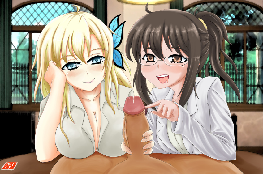 2girls blonde_hair blue_eyes blush boku_wa_tomodachi_ga_sukunai breasts brown_eyes brown_hair butterfly_hair_ornament cleavage cum female handjob human large_breasts long_hair male multiple_girls open_mouth patty_(artist) penis ponytail sena_kashiwazaki shiguma_rika smile straight tied_hair uncensored