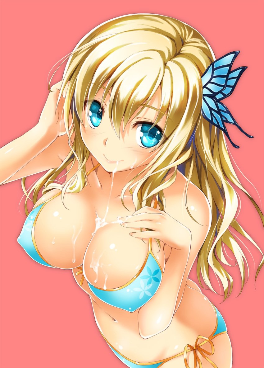 :> aqua_eyes bare_shoulders bikini blonde_hair blue_bikini blush boku_wa_tomodachi_ga_sukunai breasts butterfly_hair_ornament cleavage covered_nipples cum cum_on_body cum_on_breasts cum_on_upper_body cum_string erect_nipples facial female from_above front-tie_top hair_ornament hair_tucking highres human kikurage kikurage_(plastic_people) looking_up navel sena_kashiwazaki side-tie_bikini simple_background smile solo swimsuit