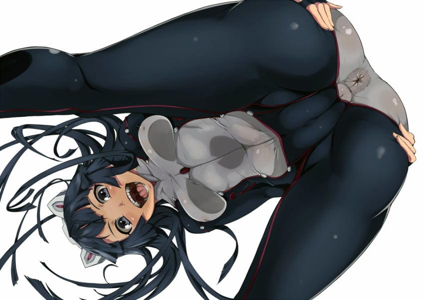 anus ass bangs bent_over big_anus black_hair blush bodysuit breasts cameltoe cat_ears covered_navel covered_nipples erect_nipples fat_mons female from_below grey_eyes guilty_crown headgear human impossible_clothes long_hair looking_at_viewer looking_down looking_through_legs mammal navel nipples nuezou open_mouth plain_background presenting see-through simple_background skin_tight solo spread_ass spread_legs spreading teeth tongue tsugumi_(guilty_crown) uvula white_background young