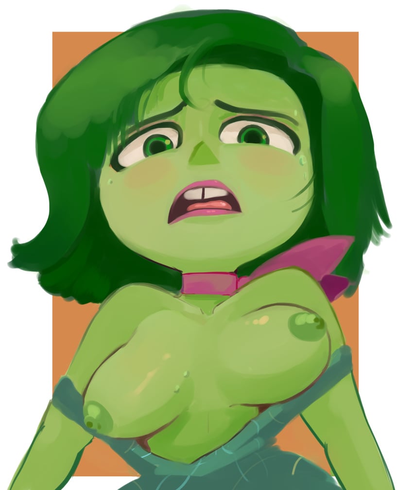 blush disgust_(inside_out) disney dogmalord dress green_eyes green_hair green_skin inside_out nipples open_mouth pixar pov pov_eye_contact short_hair tooth_gap wardrobe_malfunction