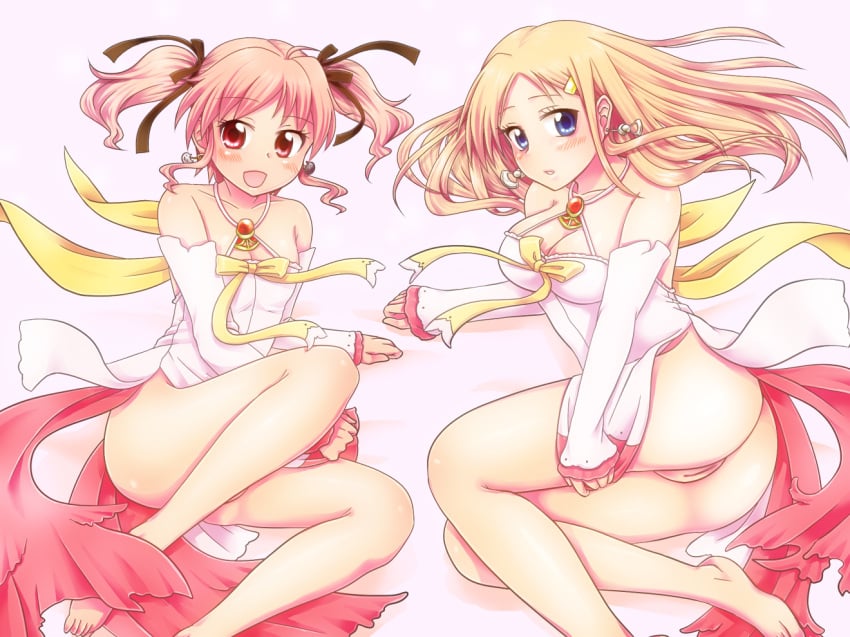 agnes_boulange ass bare_legs barefoot blonde_hair blue_eyes bow breasts brown_hair carina_verritti earrings jewelry long_hair multiple_girls no_panties open_mouth pussy shinkai_kiiro shukufuku_no_campanella sinkaikiiro smile tied_hair twintails uncensored