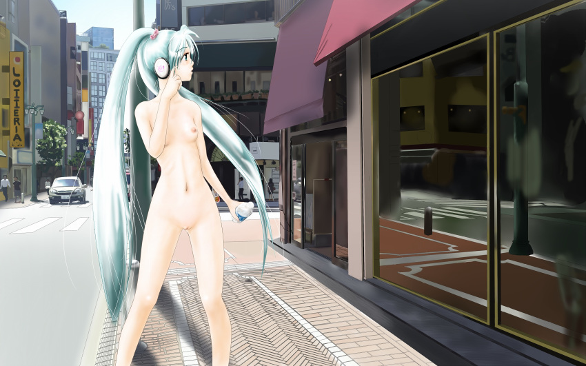 1girls breasts city error female female_only flat_chest green_eyes green_hair hatsune_miku headphones highres jackson_mica long_hair navel nipples nude photo_reference public_nudity pussy real_world_location shinjuku small_breasts solo tied_hair twintails uncensored very_long_hair vocaloid zenra