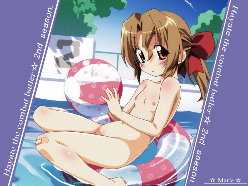 ball bandaid beach_ball bow brown_eyes brown_hair engrish female flat_chest hairbow hayate_no_gotoku! highres innertube maria_(hayate_no_gotoku!) nipples nude nude_filter photoshop pussy ranguage uncensored undressing water