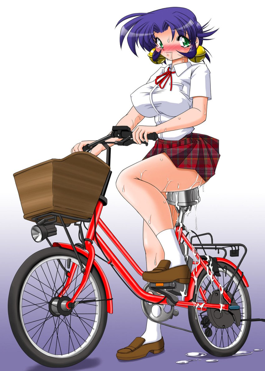 1girls anal ass bicycle bike blush breasts clothed_masturbation clothing cum cum_on_ass cum_on_body cum_on_lower_body dildo dildo_bike dildo_sitting female female_only gradient_background green_eyes hi_res history's_strongest_disciple_kenichi huge_breasts huge_dildo insertion knocked_out large_breasts large_insertion looking_at_viewer masturbation miniskirt no_panties plaid_skirt pleated_skirt purple_hair renka_ma saliva sex_in_skirt sex_toy short_hair simple_background sitting_on_dildo skirt solo tears usso