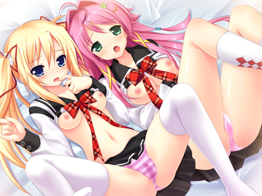 awashima_akane bed blonde_hair blue_eyes blush breasts embarrassed game_cg green_eyes hair_ornament highres long_hair lying makita_maki mecha-con! mechakon! multiple_girls narusawa_sora navel nipples no_bra open_clothes open_shirt panties pink_hair pink_panties plaid sawatari_saki seifuku shirt shirt_lift spread_legs striped striped_panties thighhighs tied_hair twintails underwear white_legwear