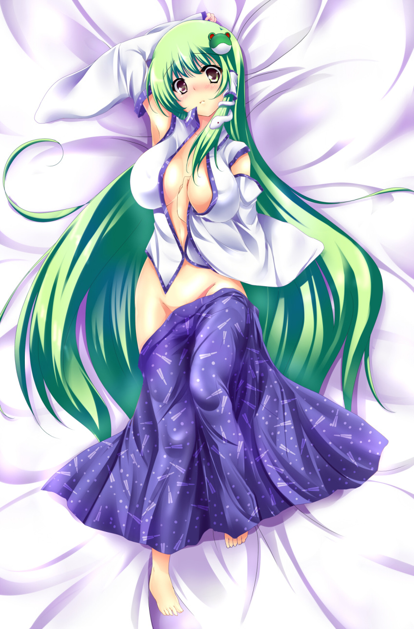 arm_up armpits barefoot bed_sheet blush breasts breasts_apart dakimakura detached_sleeves female frog green_eyes green_hair hair_ornament highres large_breasts long_hair lying mound_of_venus no_bra no_panties on_back open_clothes open_shirt sanae_kochiya sasakuma_kyouta shirt skirt skirt_pull snake solo touhou very_long_hair