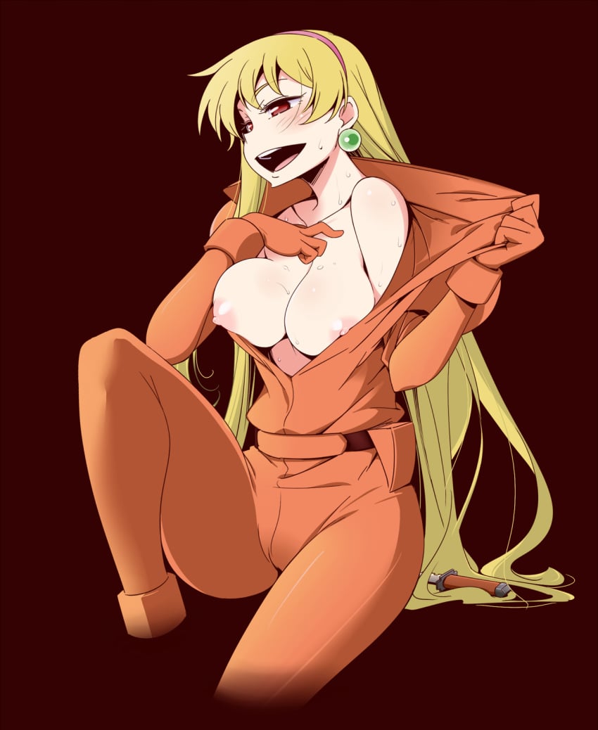 1girls 2011 blonde_hair blush bodysuit breasts curvaceous earrings female gundam hairband highres human jewelry katejina_loos knife large_breasts long_hair nipples normal_suit pale-skinned_female pale_skin pilot_suit red_eyes simple_background smile solo sweat thick_thighs ukitanisu unzipped very_long_hair victory_gundam villainess wide_hips