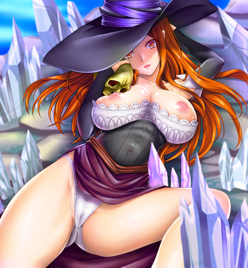 bare_shoulders blush breast_press breasts cleavage detached_sleeves dragon's_crown dress female hat highleg highleg_panties highres huge_breasts large_breasts long_hair nipples panties red_eyes red_hair shigemiya_kyouhei side_slit skull solo sorceress_(dragon's_crown) staff strapless_dress underwear vanillaware witch_hat