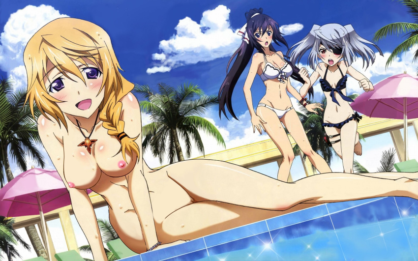 3girls bikini black_hair blonde_hair blue_sky braid breasts charlotte_dunois cloud dutch_angle eye_patch female grey_hair highres infinite_stratos jewelry laura_bodewig long_hair multiple_girls necklace nipples nude nude_filter outdoors palm_tree photoshop ponytail pool purple_eyes pussy shinonono_houki sky swimsuit tied_hair tree twintails umbrella uncensored undressing water