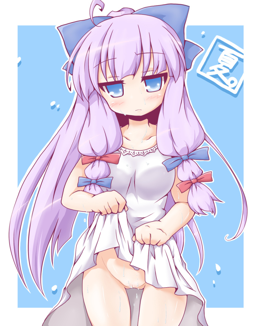 blue_eyes blush bow dress dress_lift female hair_ribbon hairbow highres long_hair looking_at_viewer neko_yume no_panties patchouli_knowledge purple_hair pussy ribbon solo sweat text touhou translated translation_request uncensored