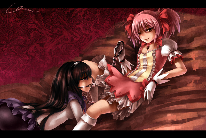 akemi_homura ball_gag black_hair blush bondage chain choker collar dress female femdom gag gagged hair_ribbon hairband heresy highres human kneehighs leash letterboxed long_hair madcocoon madoka_kaname magical_girl mahou_shoujo_madoka_magica multiple_girls pantyhose pink_eyes pink_hair profile puffy_sleeves ribbon saliva short_hair tears tied_hair twintails white_legwear yuri