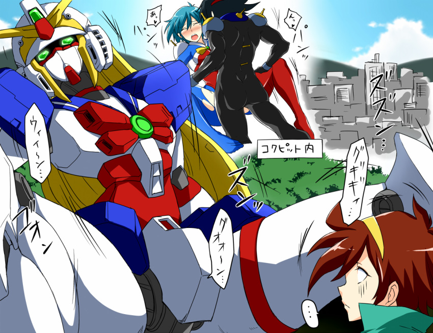 2011 2girls allenby_beardsley bandana black_hair blue_hair blush bodysuit breasts brown_hair closed_eyes curvaceous domon_kasshu female g_gundam giant_robot gundam human humanoid japanese_text large_breasts light-skinned_female light_skin mecha mobile_suit mobile_trace_suit multiple_girls nobel_gundam open_mouth partially_translated pilot_suit rain_mikamura robot robot_girl sex sexual_intercourse short_hair shouji_2 skin_tight spread_legs text torn_clothes translated translation_request vaginal_penetration