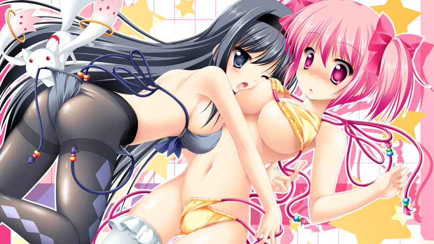 akemi_homura alternate_breast_size ass bikini black_hair black_legwear blue_eyes blush breast_smother breasts female highres human kamiya_tomoe kyuubee madoka_kaname mahou_shoujo_madoka_magica multiple_girls navel one_eye_closed open_mouth pantyhose pink_eyes pink_hair sideboob string_bikini swimsuit thighhighs underboob untied untying wallpaper wardrobe_malfunction white_legwear wince wink yuri