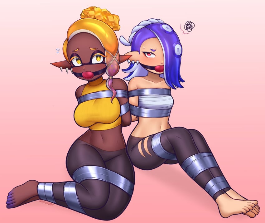 2girls abdomen annoyed arms_tied ball_gag bandaged_chest bare_shoulders barefoot big_breasts blue_hair blush blushing bondage bound breasts captured clothed clothing crop_top dark_skin duct_tape ear_piercing earrings embarrassed feet female frye_(splatoon) gag gagged hair_over_one_eye hips inkling kidnapped legs_tied midriff negieggy nintendo octoling pointy_ears red_eyes shiver_(splatoon) small_breasts splatoon splatoon_(series) splatoon_3 tape tape_bondage thighs tied_up tights tummy yellow_eyes yellow_hair