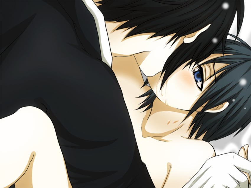 2boys age_difference artist_request black_hair blazer blue_eyes blush ciel_phantomhive clothed_male_nude_male femboy gay girly gloves hand_holding highres hug human kissing kuroshitsuji male male_only multiple_boys nude pale_skin saliva sebastian_michaelis short_hair source_request suit yaoi