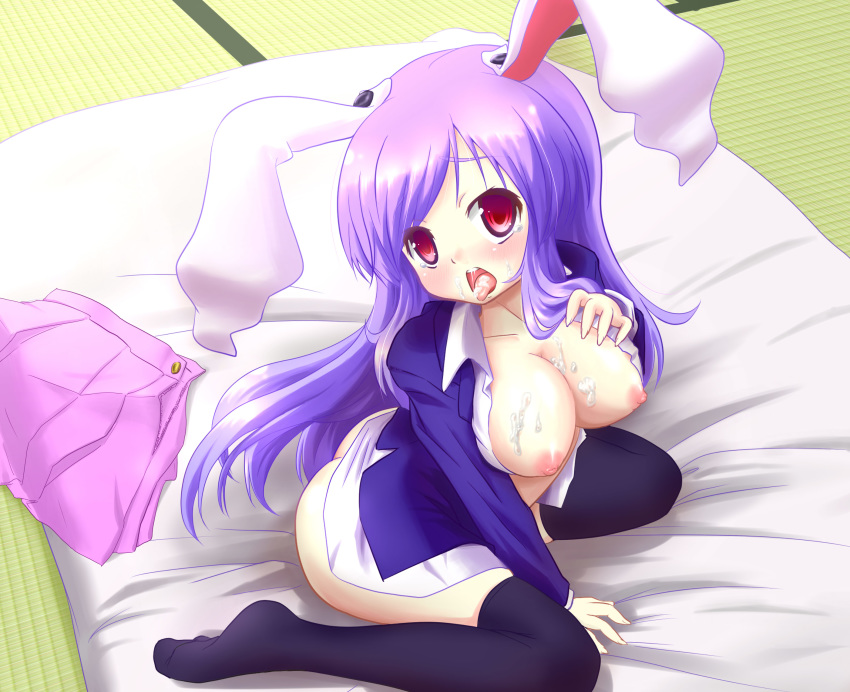 1girls animal_ears bed blue_hair breasts cleavage cum female highres kemonomimi knee_socks long_hair nipples red_eyes reisen_udongein_inaba solo tongue touhou usamimi