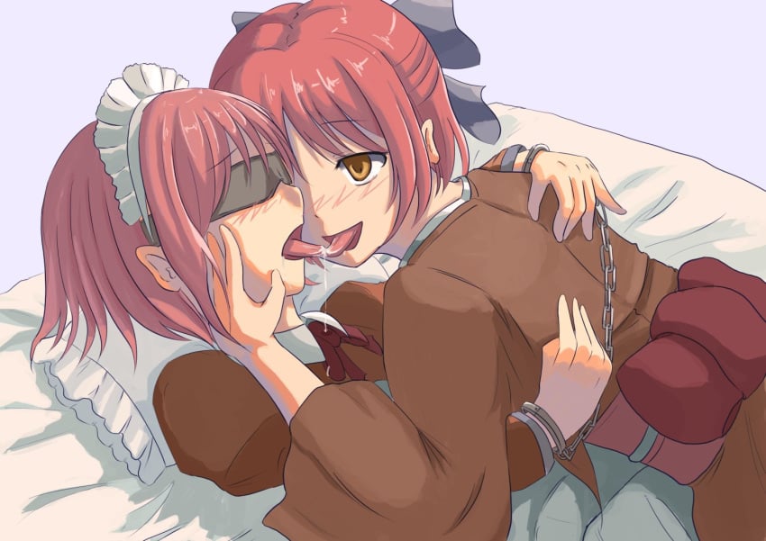 apron bed blindfold blush bondage bow braid chains cuffs daizumi french_kiss hairbow handcuffs hisui hisui_(tsukihime) incest izumi_(pixiv426164) japanese_clothes kimono kissing kohaku kohaku_(tsukihime) licking lying maid maid_headdress melty_blood multiple_girls open_mouth pillow red_hair ribbon saliva short_hair siblings sisters smile tongue tsukihime twincest twins type-moon yellow_eyes yuri