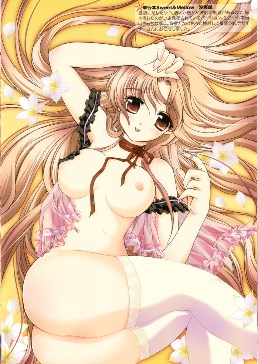 aizawa_hiroshi arm_up blonde_hair breasts brown_eyes female high_risk_revolution lingerie long_hair lying nipples nopan on_back open_clothes open_shirt oppai ribbon shirt smile solo thighhighs white_legwear