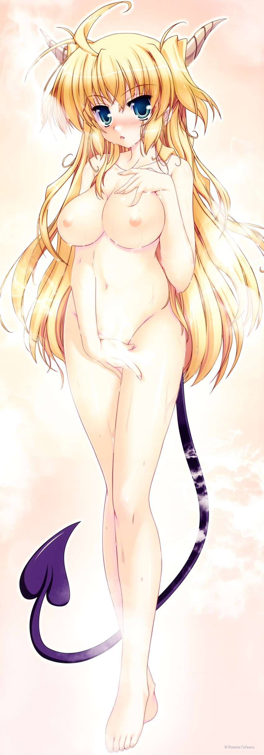 absurdres barefoot blonde_hair blue_eyes blush breasts demon_horns demon_tail devil devil_horns female fingering hand_to_chest highres horns irugitto_nightmare long_image mare_mare_mare maruchan masturbation messy_hair nipples nude open_mouth pinup pussy_juice solo steam stick_poster tail tall_image very_long_hair