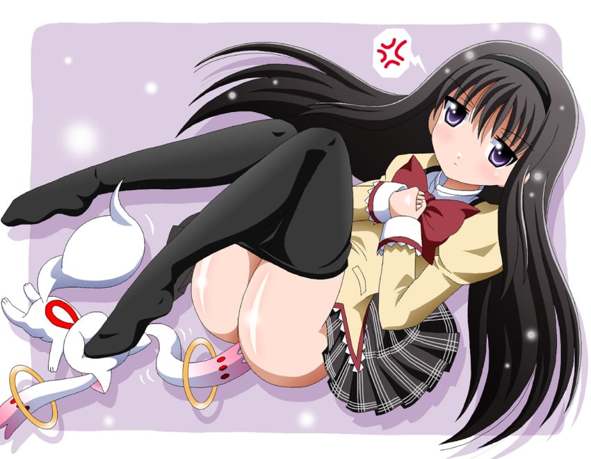 akemi_homura animal_ears black_hair black_legwear black_pantyhose blush imai_kazunari kyuubee legs_up long_hair mahou_shoujo_madoka_magica pantyhose pantyhose_pull purple_eyes skirt solo thighs