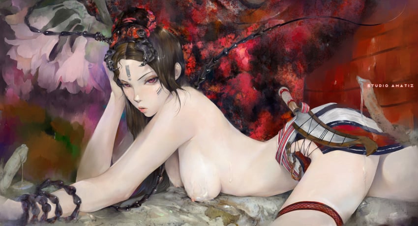 1girls amatiz breasts brown_hair dagger facial_mark female garters insects long_hair original realistic red_eyes sheath sheathed solo topless weapon