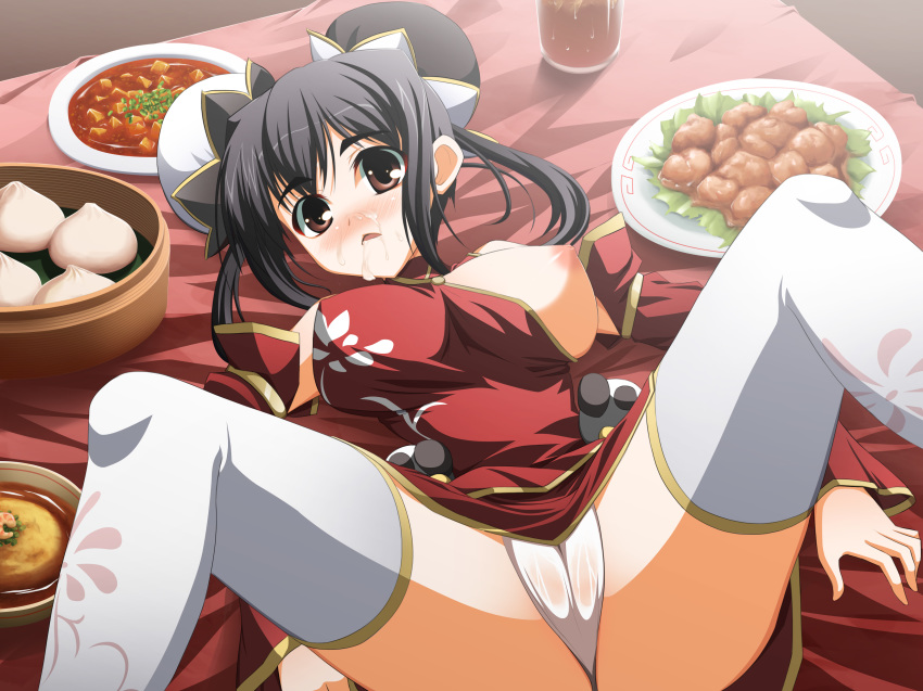 absurdres black_hair breast_slip breasts brown_eyes cameltoe chinese_clothes cum detached_sleeves facial female food hair_bobbles hair_ornament highres kokuyouseki labia large_breasts legs nipples no_bra on_table one_breast_out original panties see-through short_hair solo spread_legs thighhighs thighs tied_hair twintails underwear white_legwear white_panties