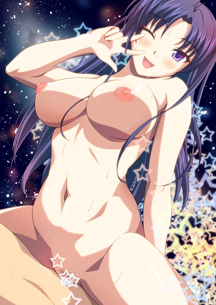 ;d absurdres assertive blush breasts censored cowgirl_position cowgirl_position denpa_onna_to_seishun_otoko highres large_breasts milf navel nipples nude one_eye_closed open_mouth pubic_hair purple_eyes purple_hair pussy sakagami_umi sex smile solo_focus star straddle straddling touwa_meme v vaginal_penetration wink