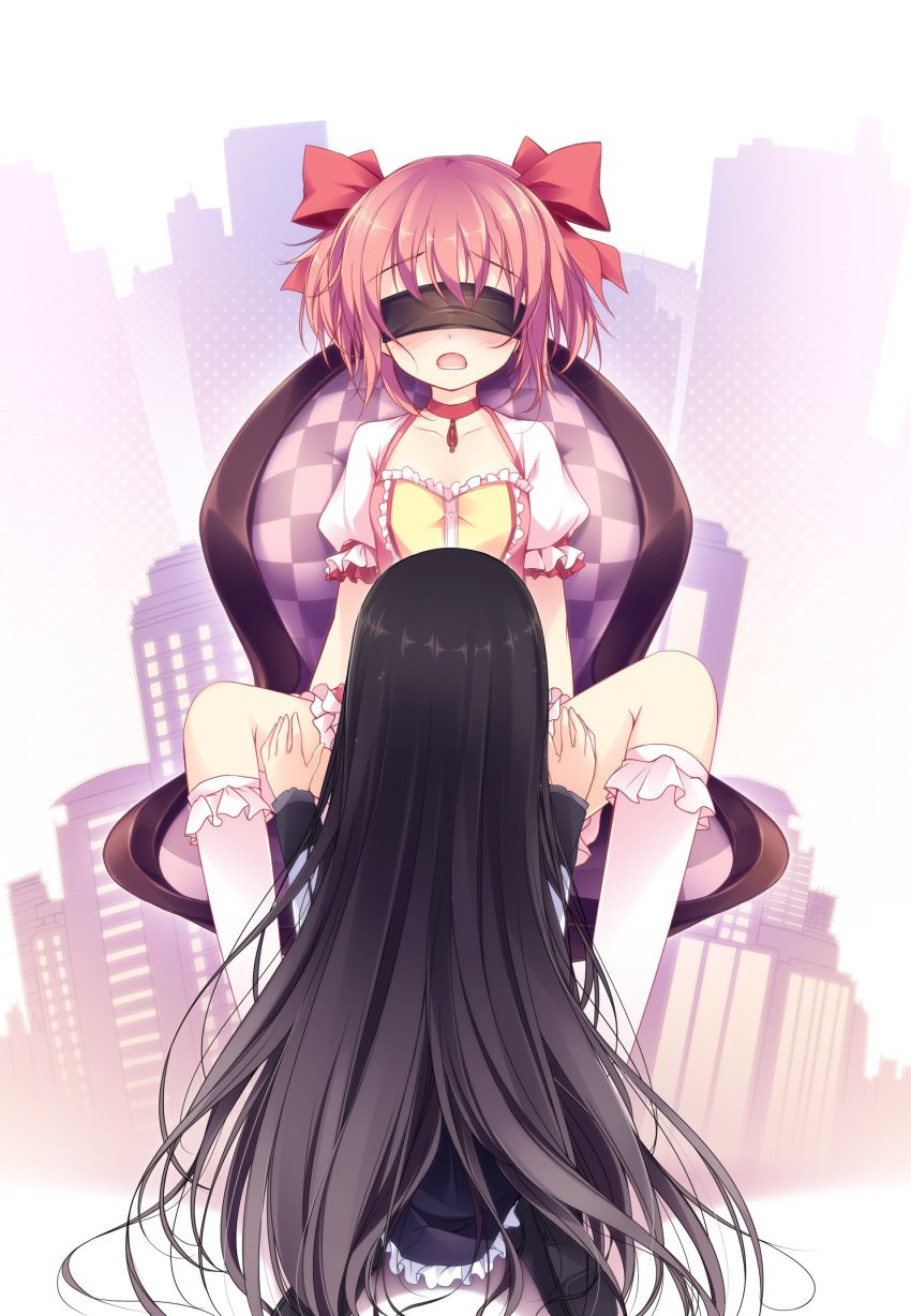 akemi_homura black_hair blindfold blush building chains chair choker cunnilingus female from_behind gloves hair highres human kazakura kneehighs long_hair madoka_kaname magical_girl mahou_shoujo_madoka_magica multiple_girls open_mouth oral pantyhose pink_hair puffy_sleeves sitting spread_legs tied_hair twintails very_long_hair white_gloves white_legwear yuri