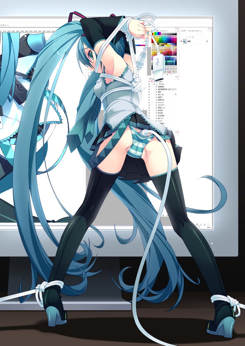 1girls anal aqua_eyes aqua_hair aqua_nails arms_behind arms_behind_back arms_up back-seamed_legwear bondage buttplug cable cameltoe computer crotch_rope detached_sleeves female gag gagged hatsune_miku highres insertion kneepits long_hair monitor murakami_suigun nail_polish object_insertion panties seamed_legwear sex_toy solo striped striped_panties thighhighs twintails underwear usb very_long_hair vocaloid zettai_ryouiki