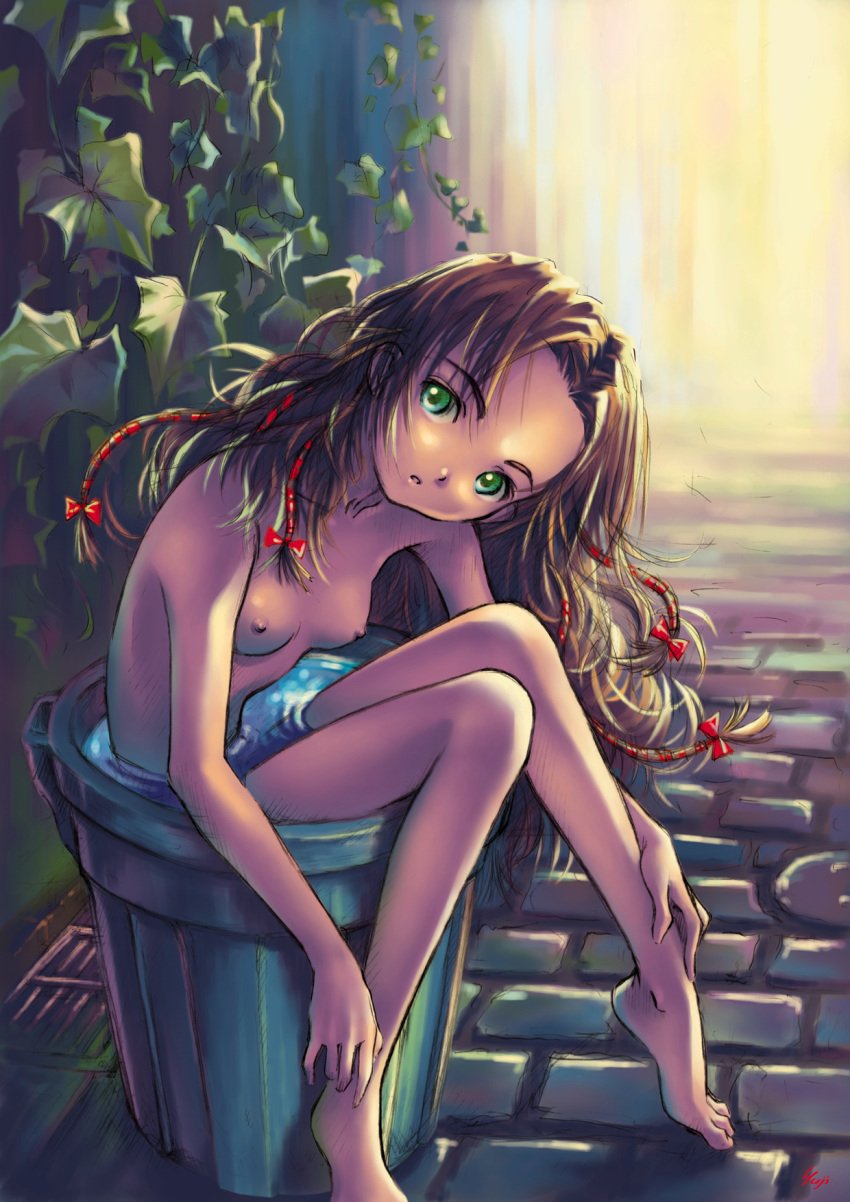 1girls barefoot breasts cute erect_nipples feet female green_eyes highres kobayashi_yuji legs nagko nipples nude outdoors outside solo sweat toes trashcan zenra